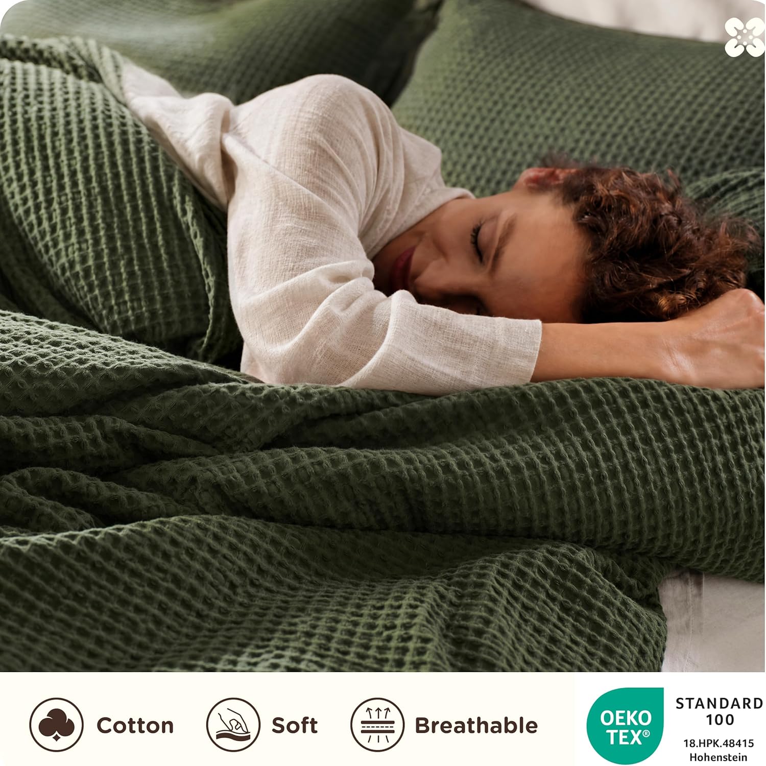 Bedsure Cotton Duvet Cover Queen - 100% Cotton Waffle Weave Olive Green Duvet Cover Queen Size PureWoven Breathable Bedding Set for All Season 3 Pieces 90"x90"