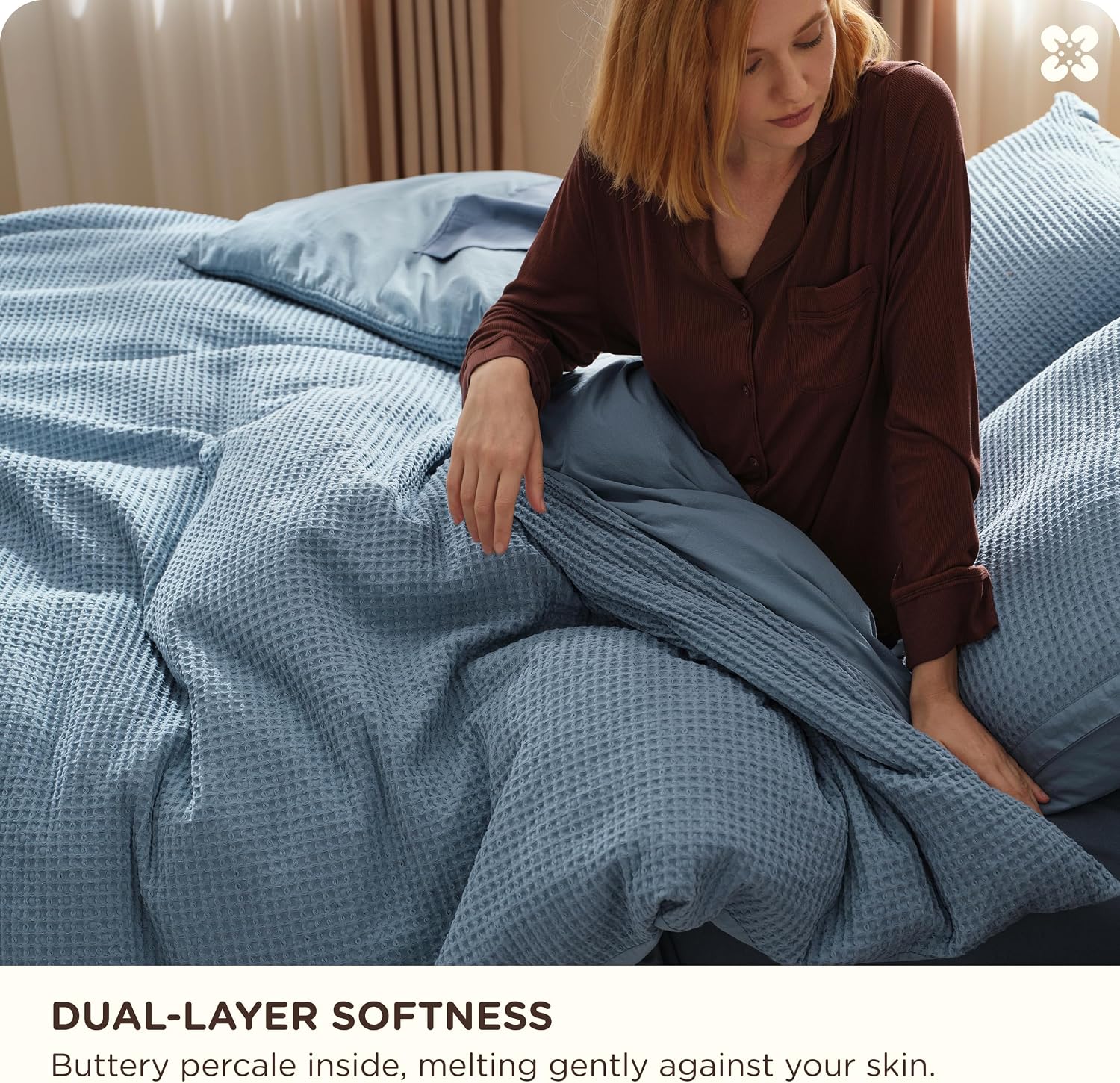 Bedsure Cotton Duvet Cover King - 100% Cotton Waffle Weave Grey Blue Duvet Cover King Size PureWoven Breathable Bedding Set for All Season 3 Pieces 104"x90"