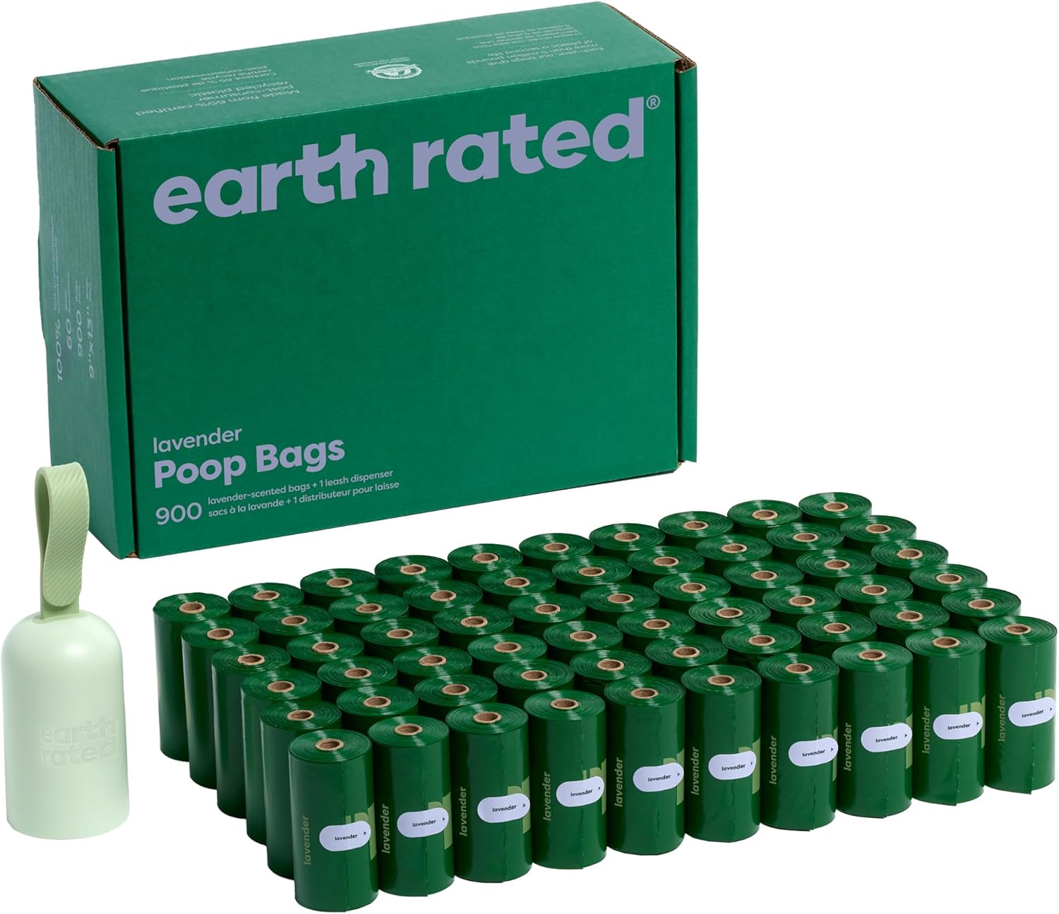 Earth Rated Dog Poop Bag Holder Durable and Guaranteed Leakproof Lavender Scented 1 Dispenser and 900 Bags