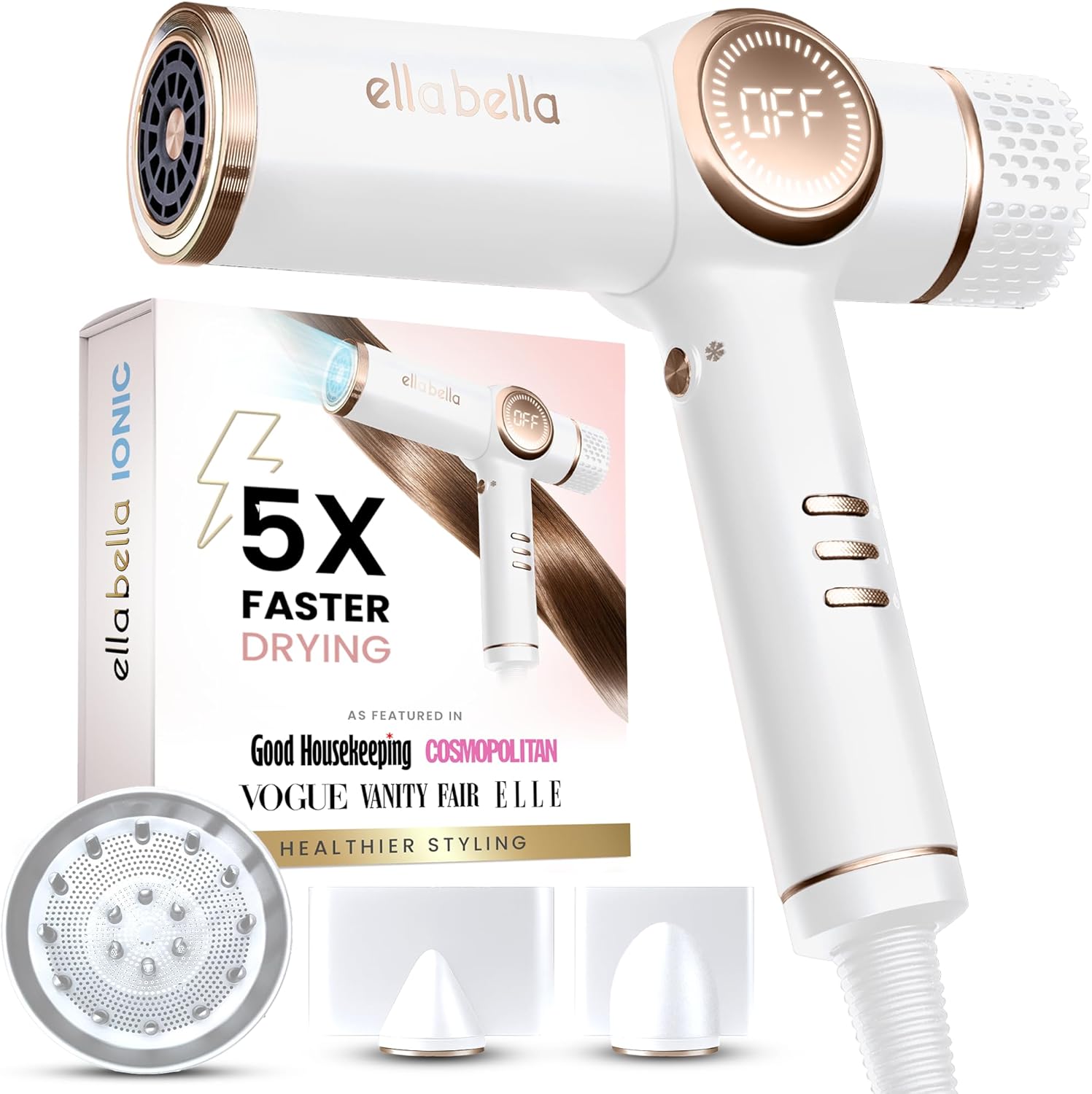 ELLA BELLA¬Æ Professional Ionic Hair Dryer with Diffuser ‚Ä¢ Negative Ion Blow Dryer ‚Ä¢ Suitable All Hair Types ‚Ä¢ Intelligent Heat Control & Rapid Drying Speeds ‚Ä¢ Lightweight Design ‚Ä¢ Low Noise Technology