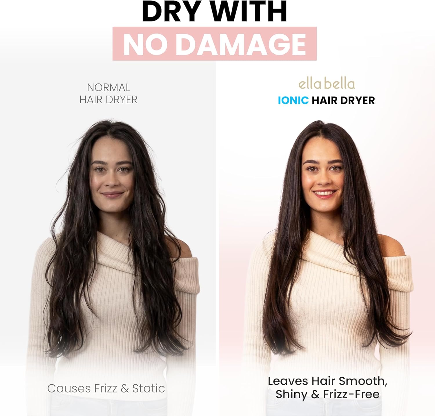 ELLA BELLA¬Æ Professional Ionic Hair Dryer with Diffuser ‚Ä¢ Negative Ion Blow Dryer ‚Ä¢ Suitable All Hair Types ‚Ä¢ Intelligent Heat Control & Rapid Drying Speeds ‚Ä¢ Lightweight Design ‚Ä¢ Low Noise Technology