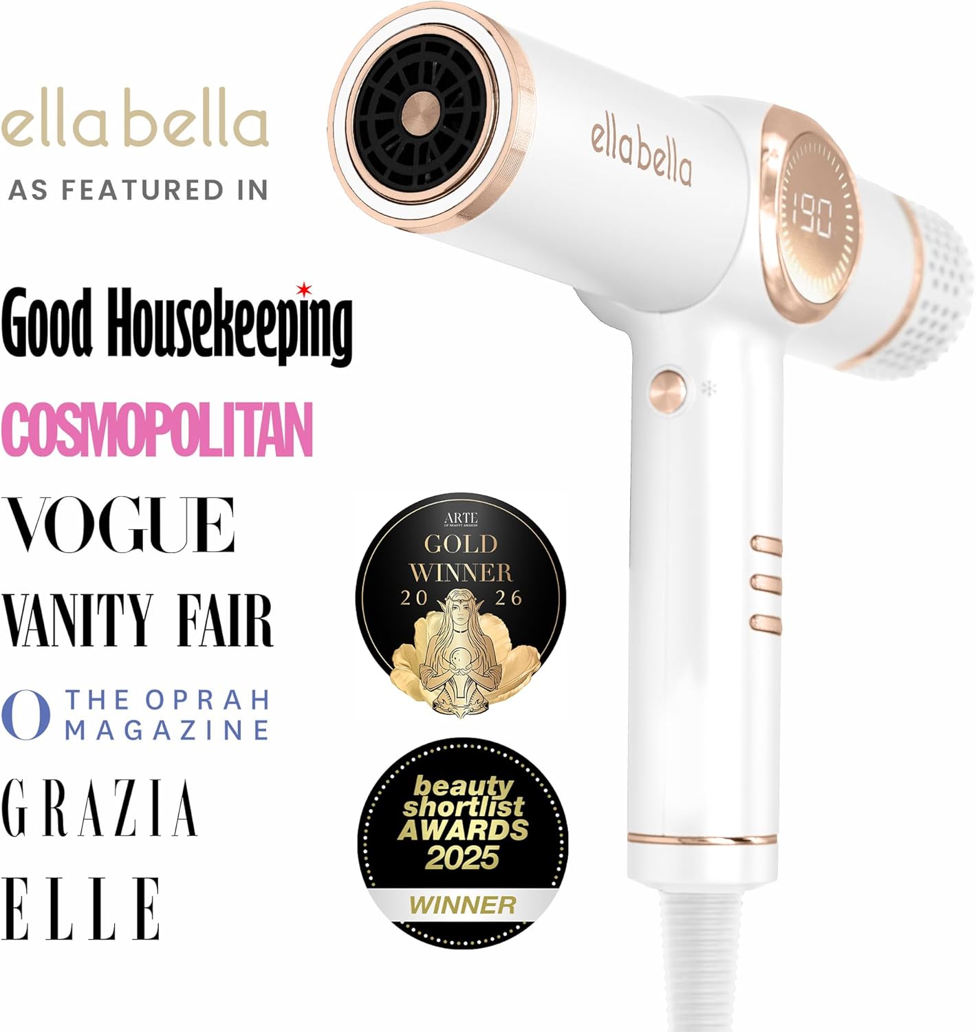 ELLA BELLA¬Æ Professional Ionic Hair Dryer with Diffuser ‚Ä¢ Negative Ion Blow Dryer ‚Ä¢ Suitable All Hair Types ‚Ä¢ Intelligent Heat Control & Rapid Drying Speeds ‚Ä¢ Lightweight Design ‚Ä¢ Low Noise Technology