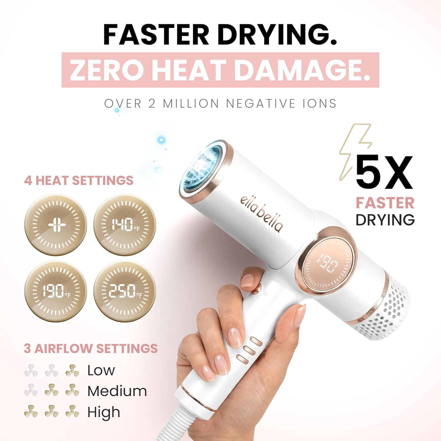 ELLA BELLA¬Æ Professional Ionic Hair Dryer with Diffuser ‚Ä¢ Negative Ion Blow Dryer ‚Ä¢ Suitable All Hair Types ‚Ä¢ Intelligent Heat Control & Rapid Drying Speeds ‚Ä¢ Lightweight Design ‚Ä¢ Low Noise Technology