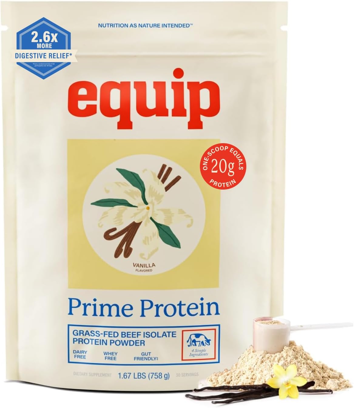 Equip Foods Prime Protein Powder | Clean, Grass Fed Beef Protein Powder | Carnivore Protein Isolate, Keto Friendly | Gluten & Dairy Free | Helps Build & Repair Tissue | 30 Servings, Vanilla (No Sugar)