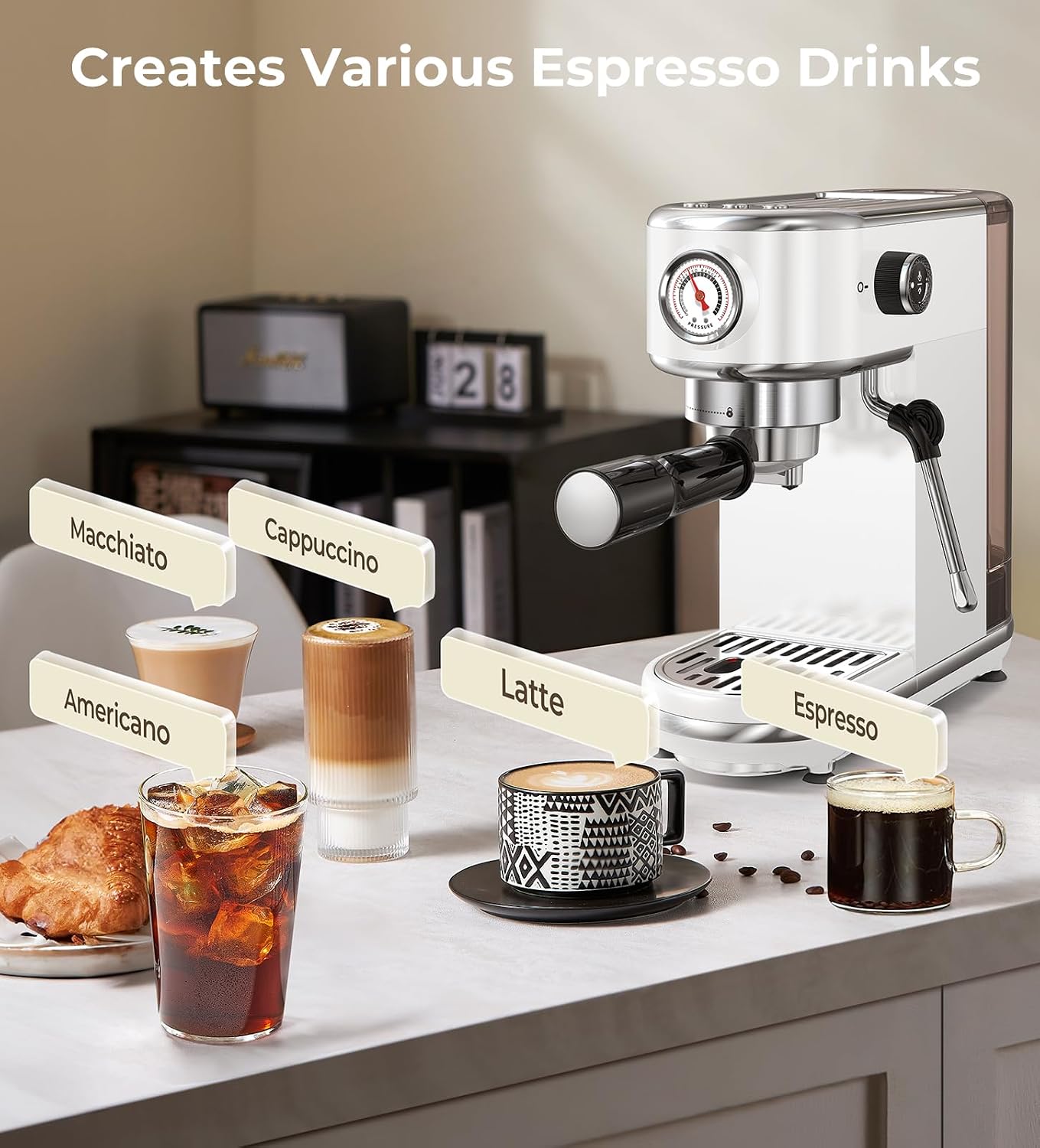 Atatix 20 Bar Espresso Machine with Milk Frother Professional Compact Espresso Maker Stainless Steel Coffee Machine with Precise Temp Control & 44oz Removable Water Tank for Latte Cappuccino White