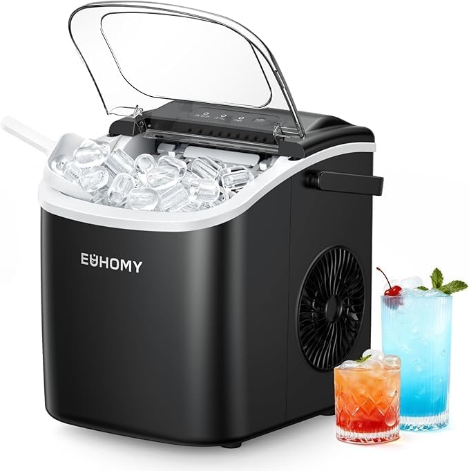 EUHOMY Countertop Ice Maker Machine with Handle 26.4lbs in 24Hrs 9 Ice Cubes Ready in 6 Mins Self-Cleaning Portable Ice Maker with Basket and Scoop for Home/Kitchen/Camping/RV. (Black)