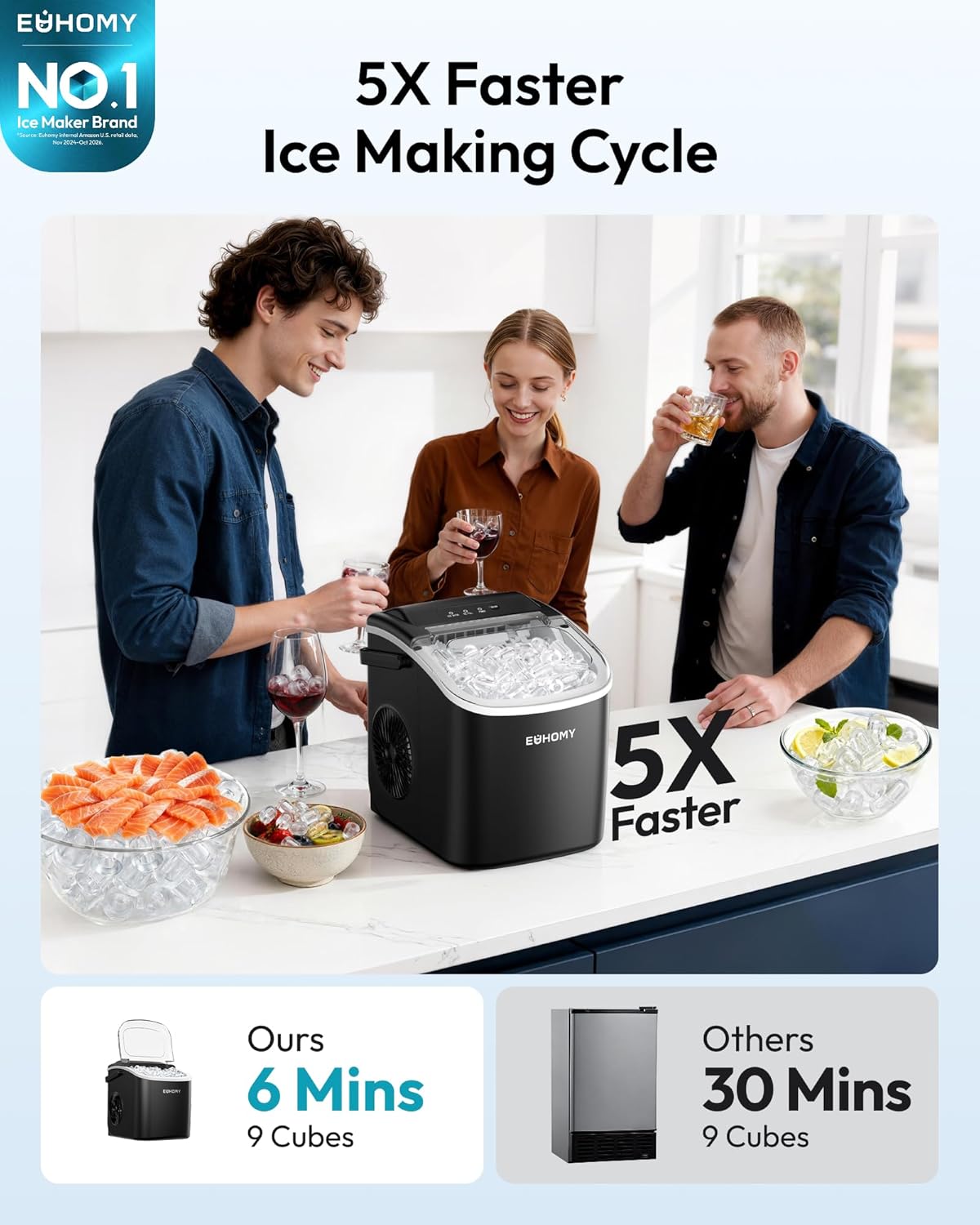 EUHOMY Countertop Ice Maker Machine with Handle 26.4lbs in 24Hrs 9 Ice Cubes Ready in 6 Mins Self-Cleaning Portable Ice Maker with Basket and Scoop for Home/Kitchen/Camping/RV. (Black)