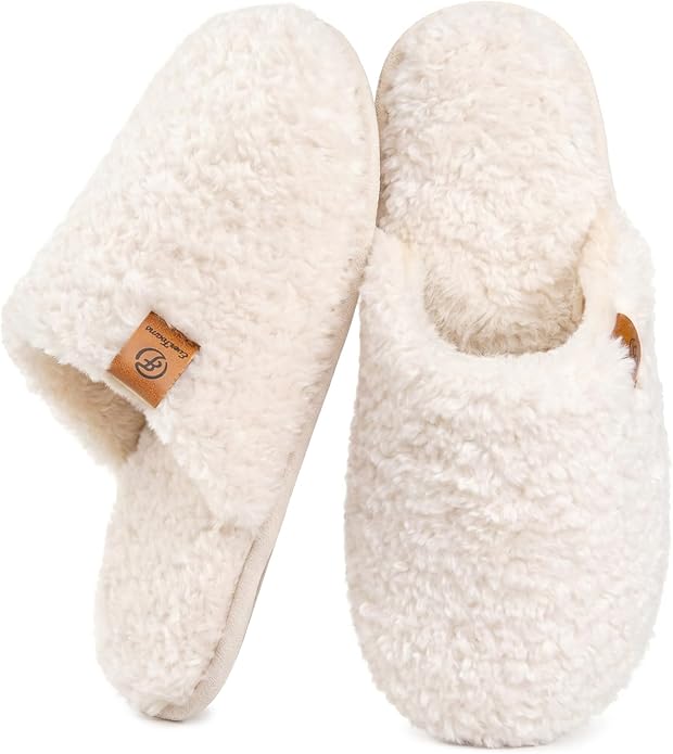 EverFoams Women's Fuzzy Slip-on Slippers Warm Cozy Soft Lightweight Memory Foam Indoor House Shoes Cream White 7-8 US
