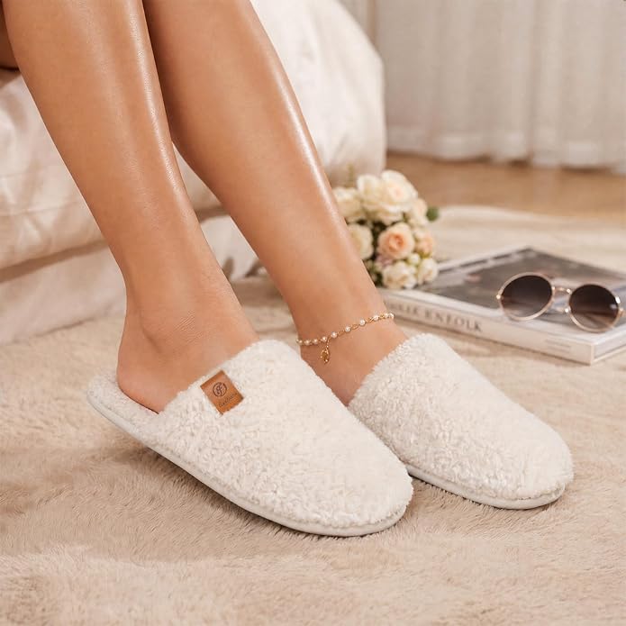 EverFoams Women's Fuzzy Slip-on Slippers Warm Cozy Soft Lightweight Memory Foam Indoor House Shoes Cream White 7-8 US