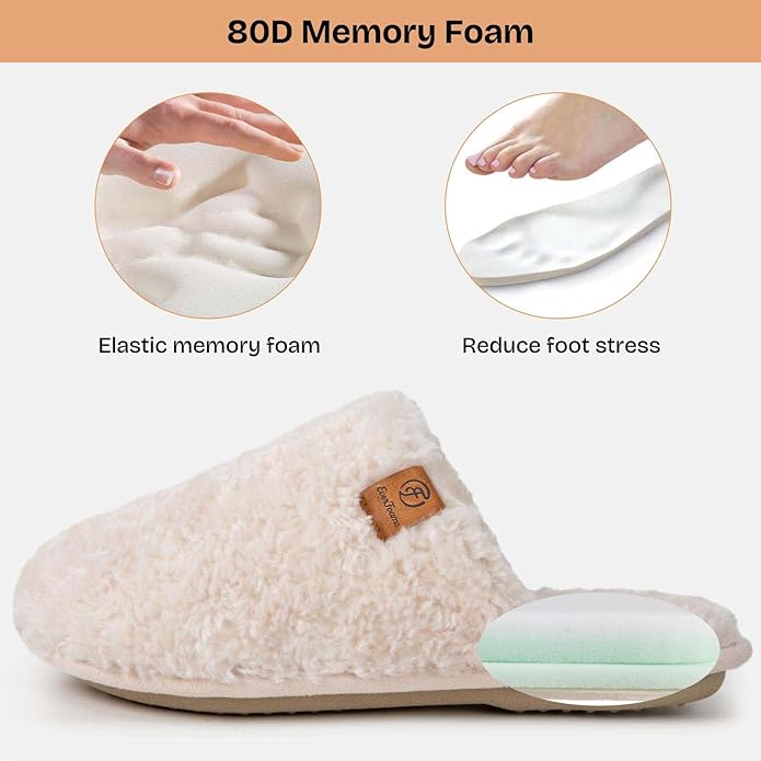 EverFoams Women's Fuzzy Slip-on Slippers Warm Cozy Soft Lightweight Memory Foam Indoor House Shoes Cream White 7-8 US