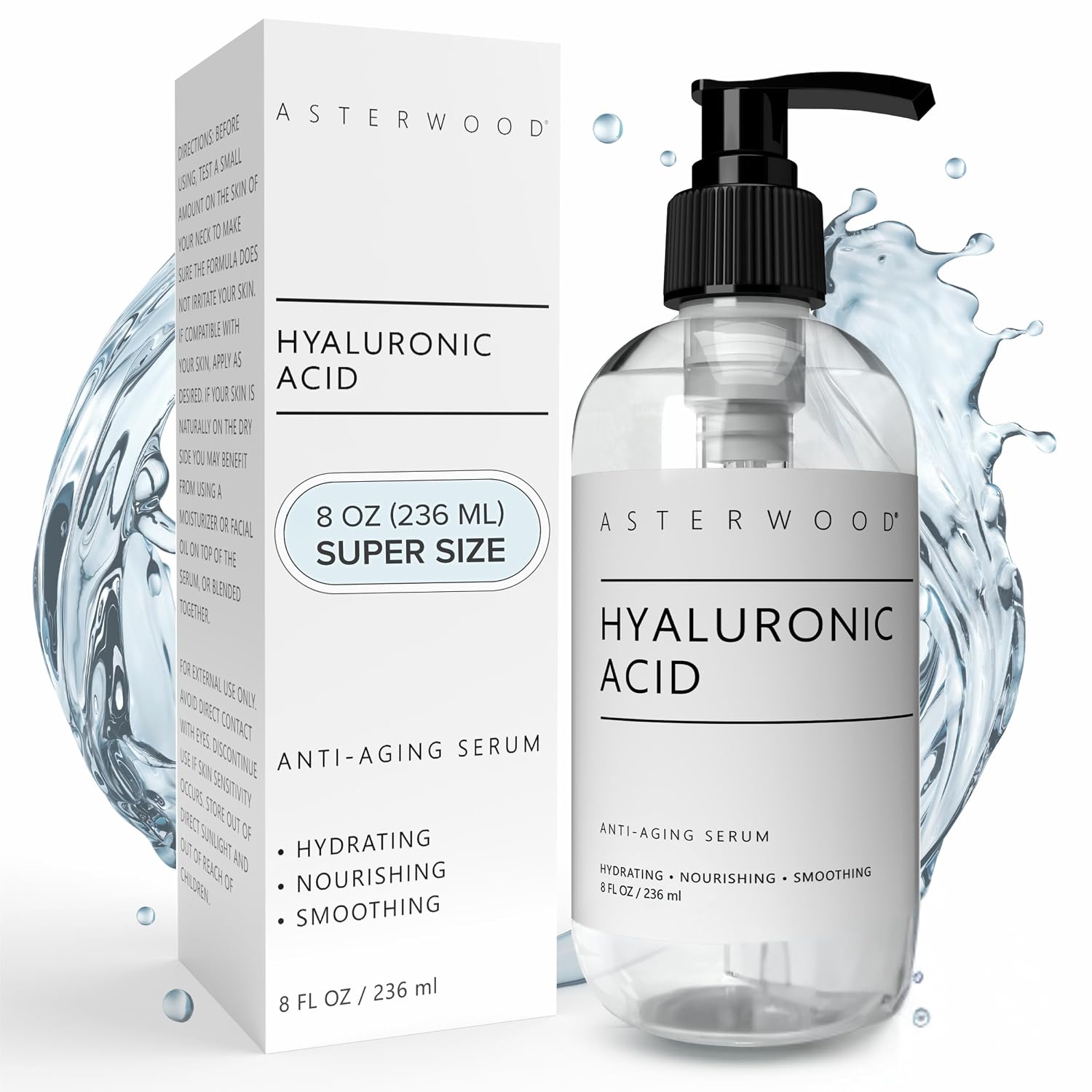 Asterwood Pure Hyaluronic Acid Serum for Face - Plumping, Anti-Aging, Hydrating - Fragrance-Free - 8 Fl Oz