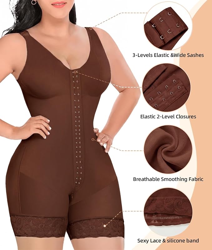 YIANNA Fajas Colombianas Shapewear for Women Tummy Control Full Body Shaper Butt Lifter with Zipper Crotch YA7275-Brown-3XL