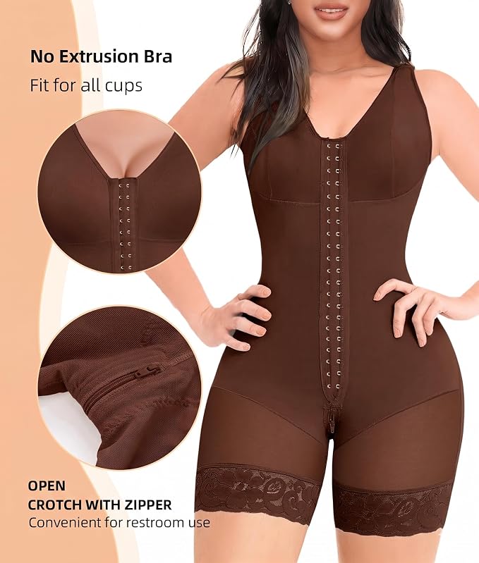 YIANNA Fajas Colombianas Shapewear for Women Tummy Control Full Body Shaper Butt Lifter with Zipper Crotch YA7275-Brown-3XL