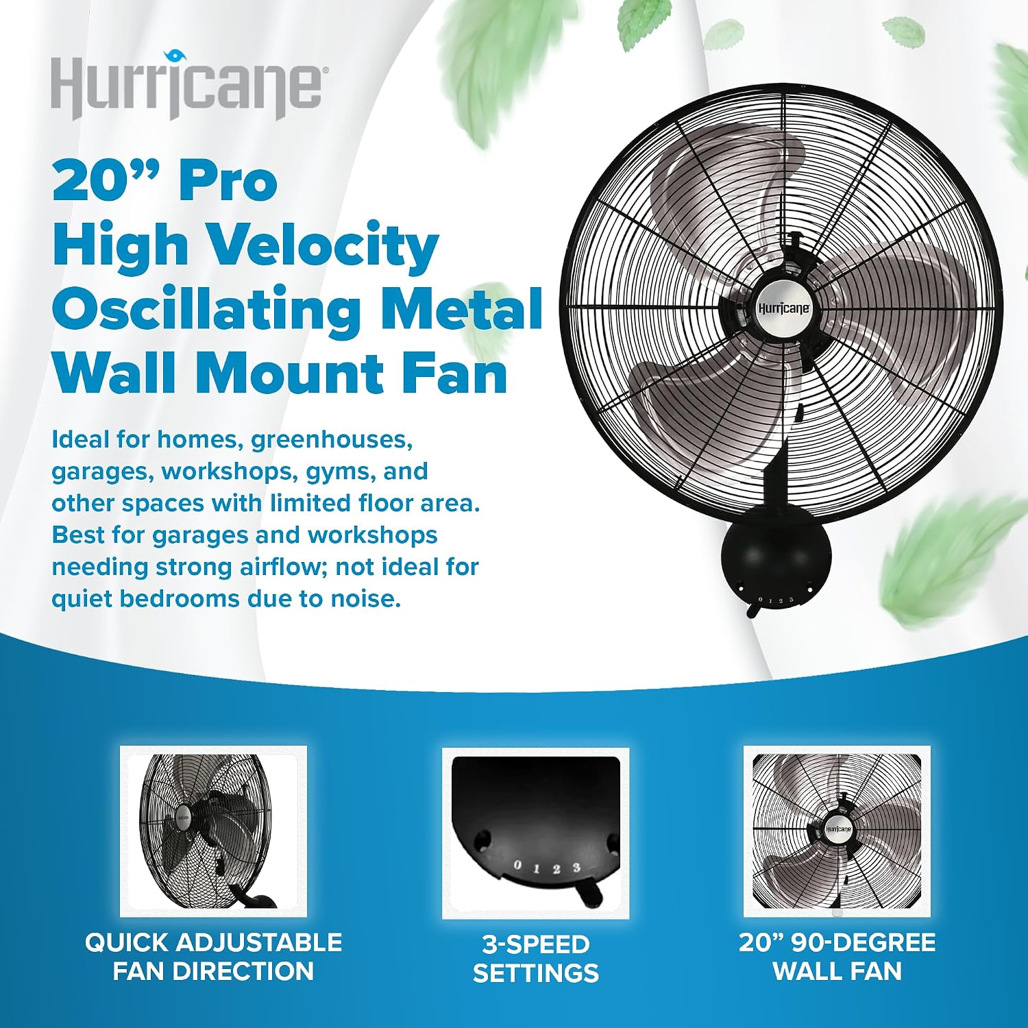 Hurricane Pro High Velocity Oscillating Metal Wall Mount Fan w/ 3 Speeds Black 20" - Corded Electric Air Cooling Unit w/ Powerful 4500 CFM Airflow for Home Garage Gym Workshop & Greenhouse