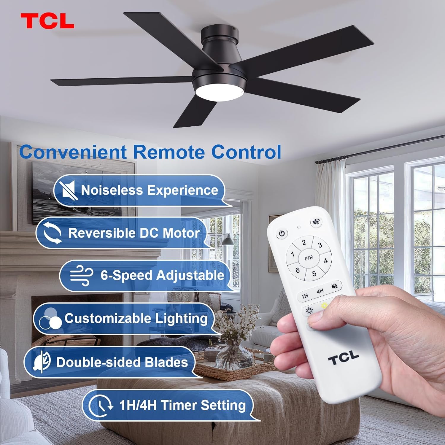 TCL 52" Black Flush Mount Ceiling Fan with Light & Remote