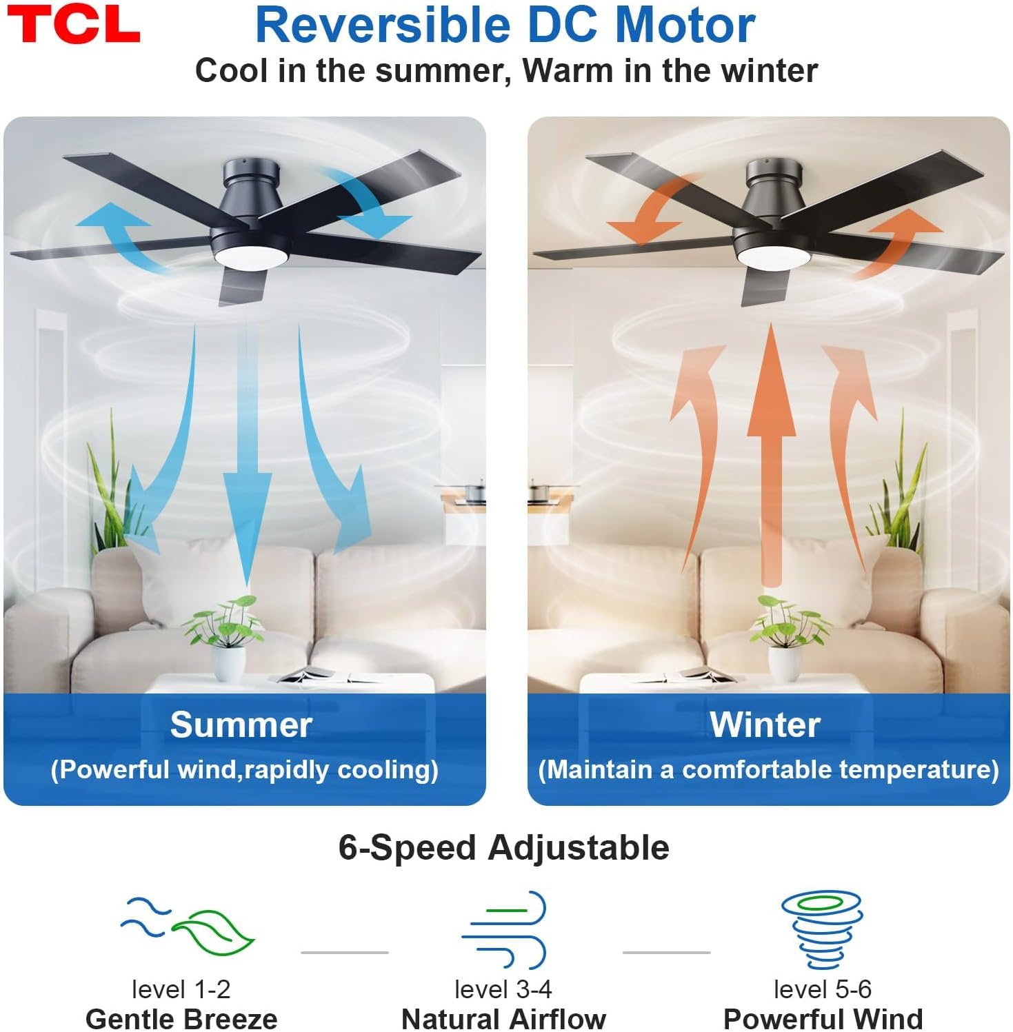 TCL 52" Black Flush Mount Ceiling Fan with Light & Remote