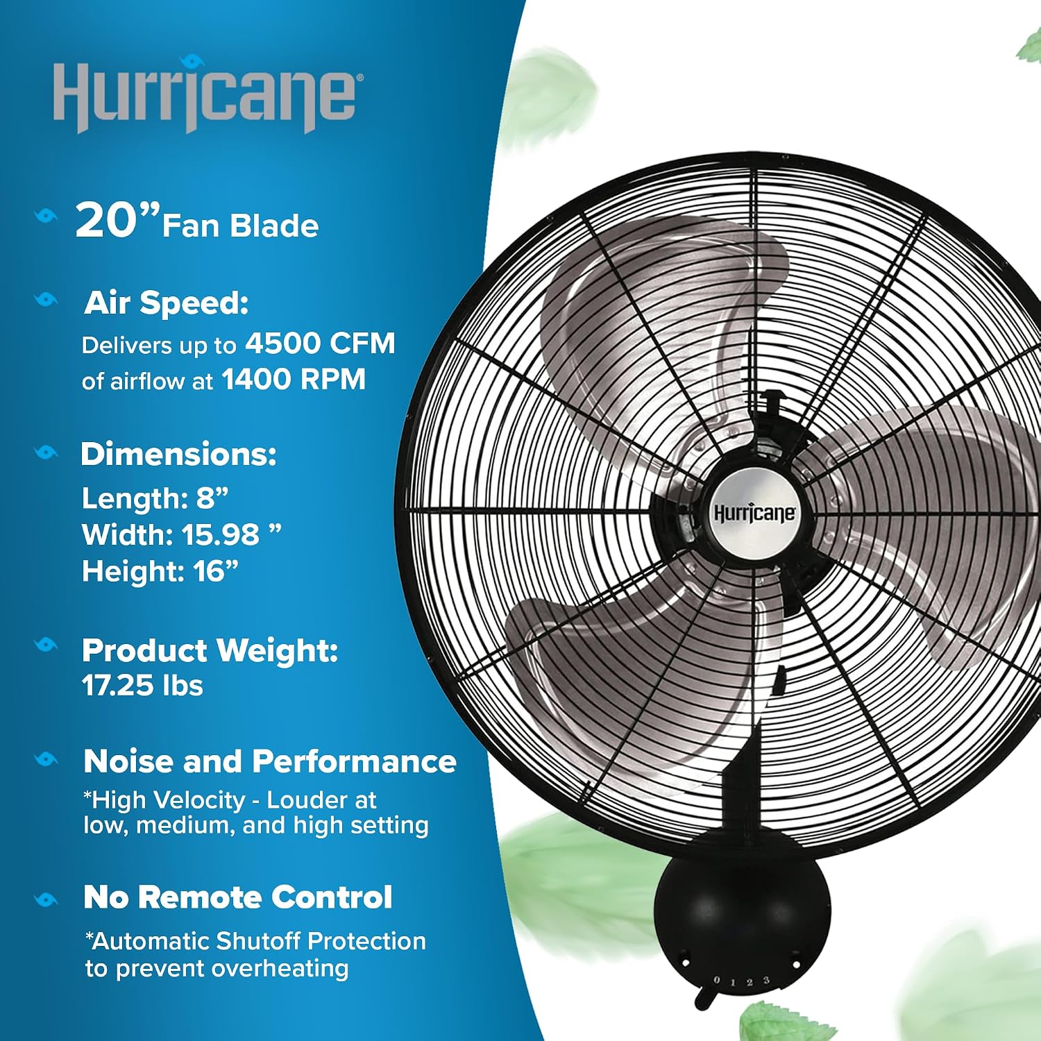 Hurricane Pro High Velocity Oscillating Metal Wall Mount Fan w/ 3 Speeds Black 20" - Corded Electric Air Cooling Unit w/ Powerful 4500 CFM Airflow for Home Garage Gym Workshop & Greenhouse