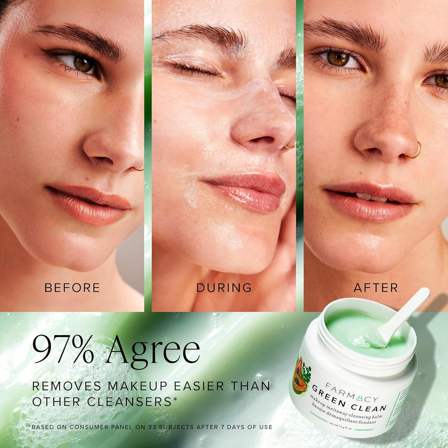 Farmacy Makeup Remover Cleansing Balm - Green Clean Waterproof Makeup Remover Balm + Oil Cleanser for Face - Gently Melts Make Up + SPF - Hydrates + Softens Skin with Super Greens + Papaya (200ml)