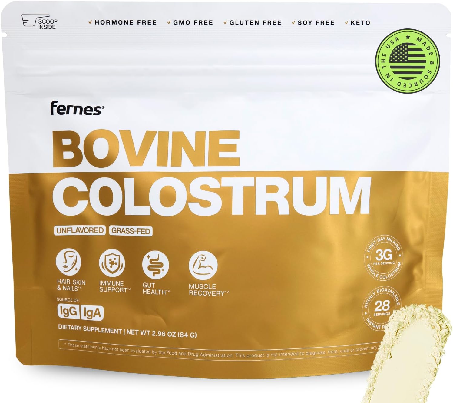 Fernes Grass Fed Whole Bovine Colostrum Powder for Women & Men – First Day Milking, Non GMO, Soy Free, Keto, Gluten Free – 28 Servings, 2.96 oz, Unflavored, Made in USA