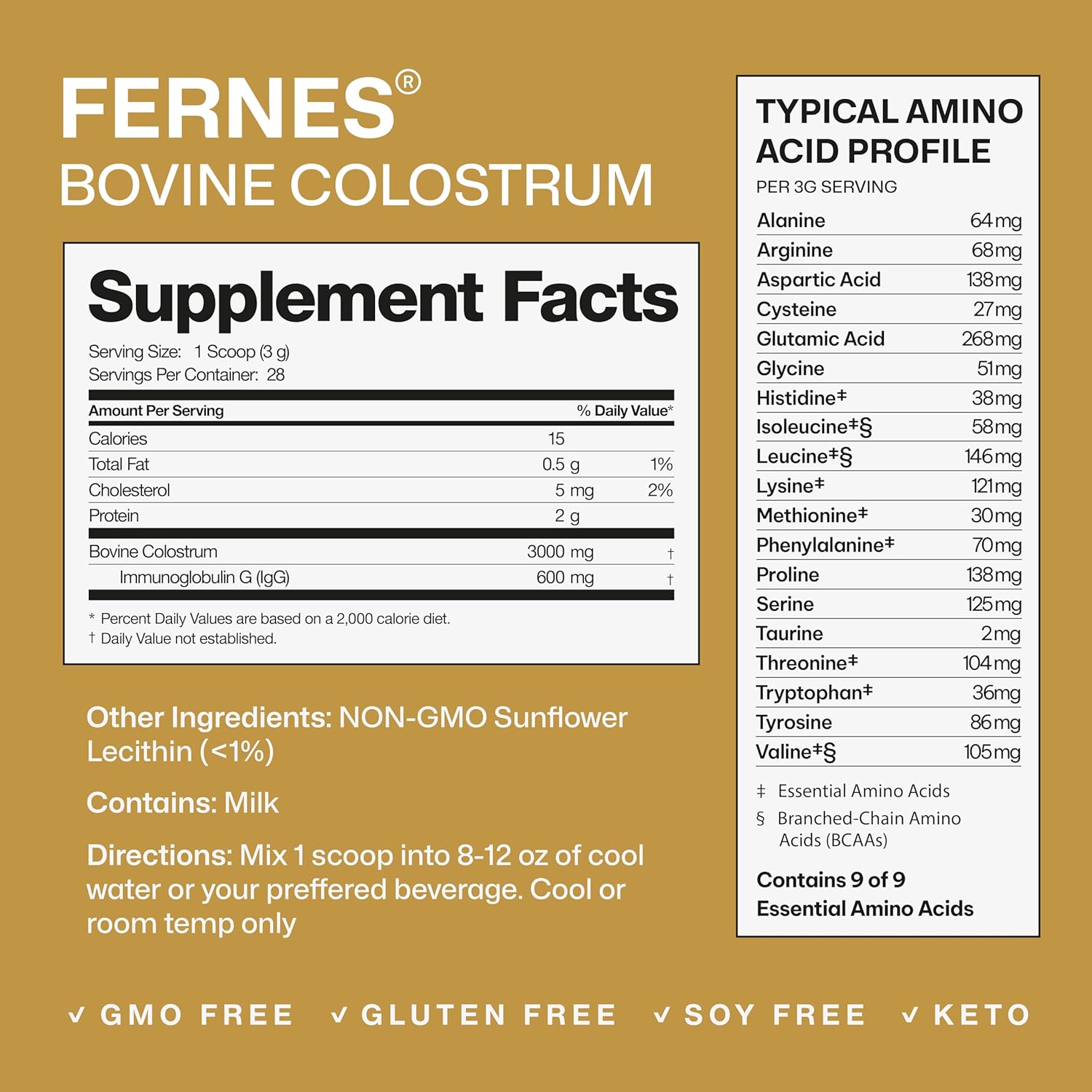 Fernes Grass Fed Whole Bovine Colostrum Powder for Women & Men – First Day Milking, Non GMO, Soy Free, Keto, Gluten Free – 28 Servings, 2.96 oz, Unflavored, Made in USA