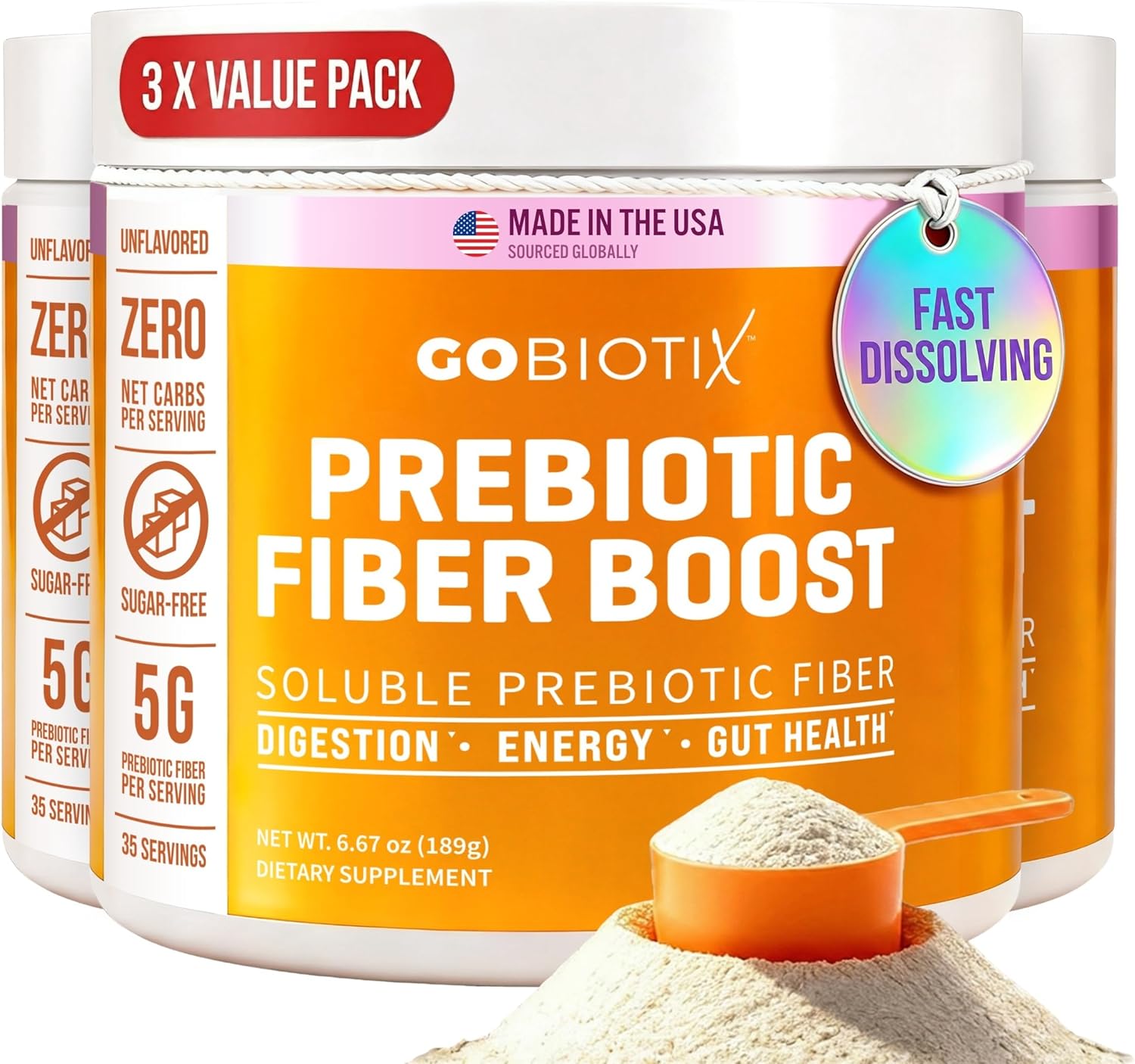 GOBIOTIX Fiber Supplement Powder with Prebiotics for Digestive Health and GLP-1 Support Soluble Fiber for Gut Health & Debloat Keto Vegan Gluten & Sugar Free 35 Servings (3 Pack)