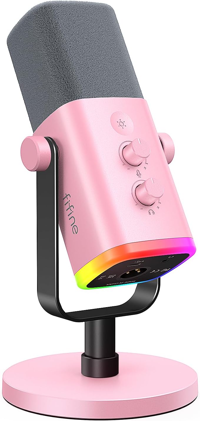FIFINE XLR/USB Microphone Gaming Recording PC Microphone with Headphones Jack Mute Button Dynamic RGB Mic for Computer Streaming Mic for Podcasting Voice-Over YouTube Video-AmpliGame AM8 Pink