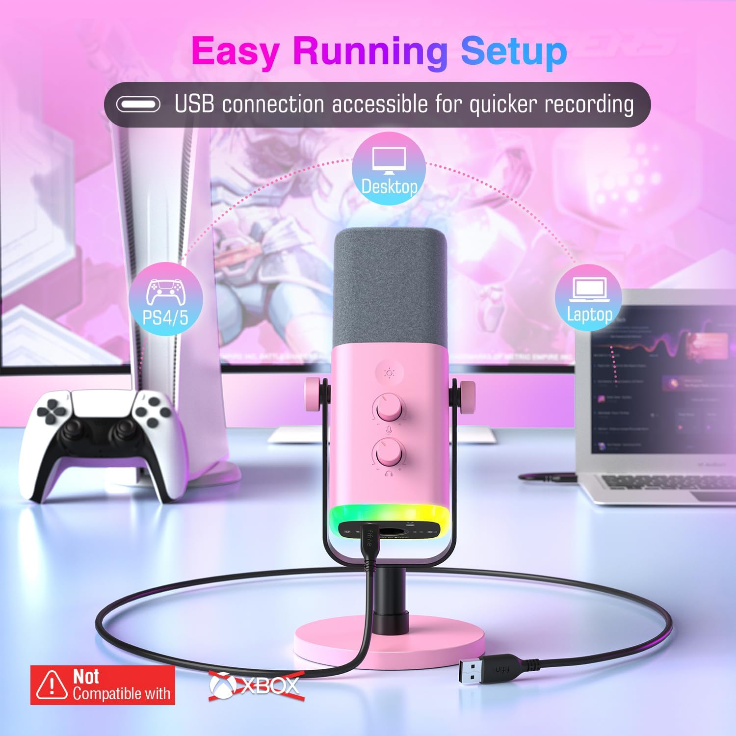 FIFINE XLR/USB Microphone Gaming Recording PC Microphone with Headphones Jack Mute Button Dynamic RGB Mic for Computer Streaming Mic for Podcasting Voice-Over YouTube Video-AmpliGame AM8 Pink