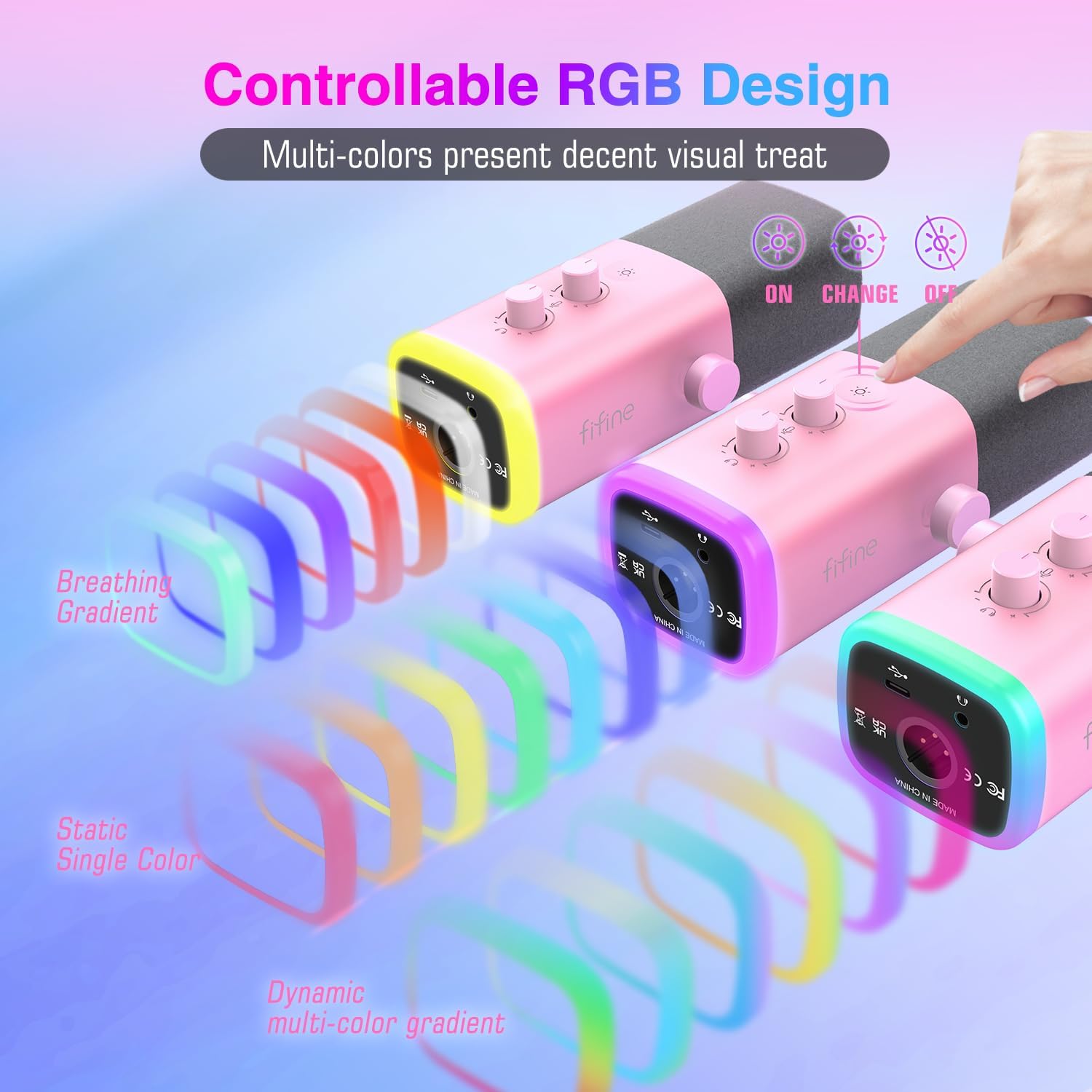 FIFINE XLR/USB Microphone Gaming Recording PC Microphone with Headphones Jack Mute Button Dynamic RGB Mic for Computer Streaming Mic for Podcasting Voice-Over YouTube Video-AmpliGame AM8 Pink