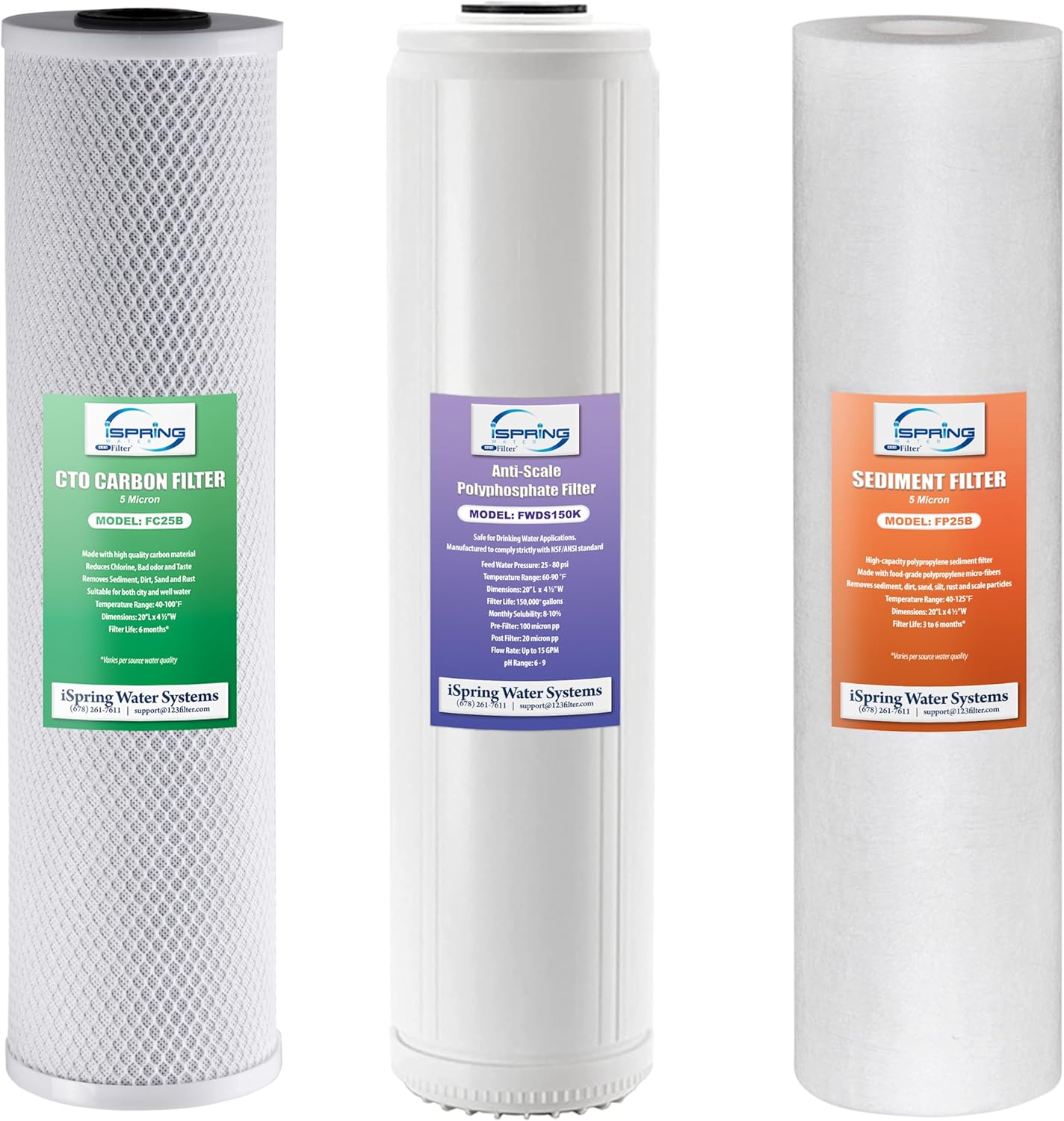 iSpring F3WGB32BDS 4.5‚Äù x 20‚Äù 3-Stage Whole House Water Filter Replacement Pack with Sediment Polyphosphate Anti-Scale and CTO Carbon Block Water Filters Fits WGB32B-DS