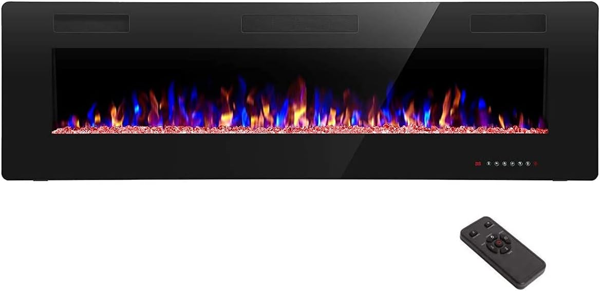 R.W.FLAME 68 inch Recessed and Wall Mounted Electric Fireplace Ultra Thin and Low Noise Fit for 2 x 6 Stud Remote Control with Timer Touch Screen Adjustable Flame Color and Speed
