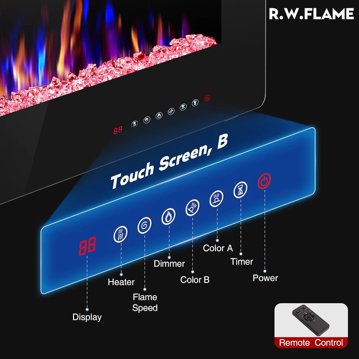 R.W.FLAME 68 inch Recessed and Wall Mounted Electric Fireplace Ultra Thin and Low Noise Fit for 2 x 6 Stud Remote Control with Timer Touch Screen Adjustable Flame Color and Speed