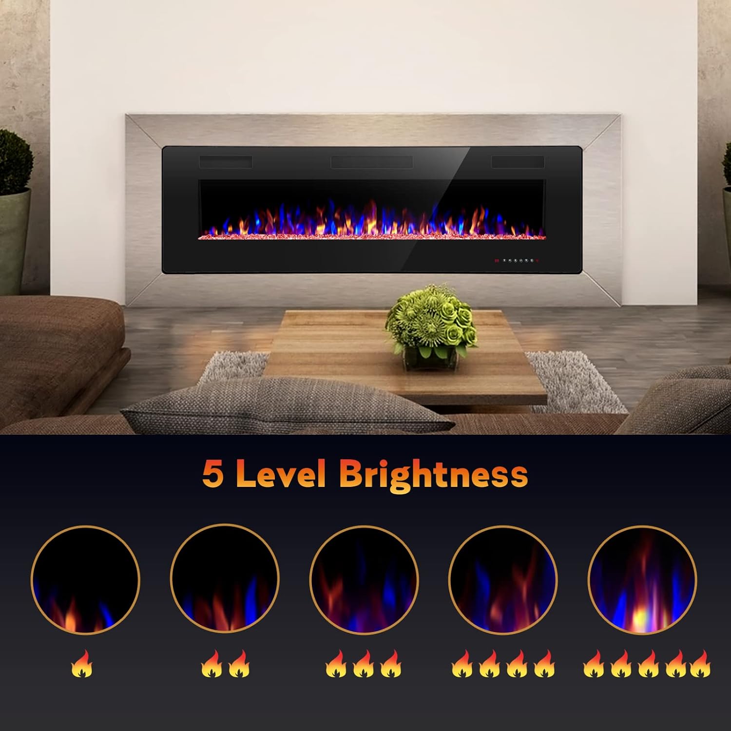 R.W.FLAME 68 inch Recessed and Wall Mounted Electric Fireplace Ultra Thin and Low Noise Fit for 2 x 6 Stud Remote Control with Timer Touch Screen Adjustable Flame Color and Speed