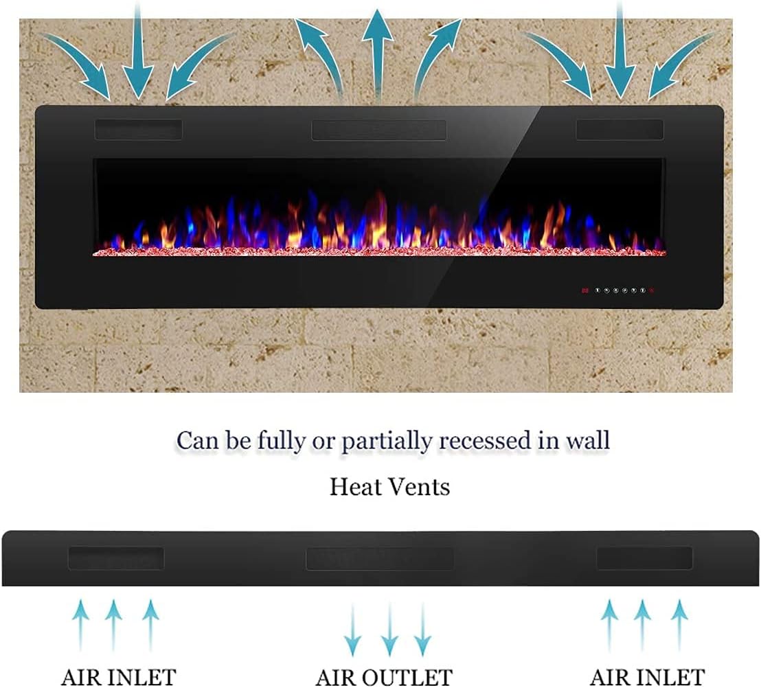 R.W.FLAME 68 inch Recessed and Wall Mounted Electric Fireplace Ultra Thin and Low Noise Fit for 2 x 6 Stud Remote Control with Timer Touch Screen Adjustable Flame Color and Speed