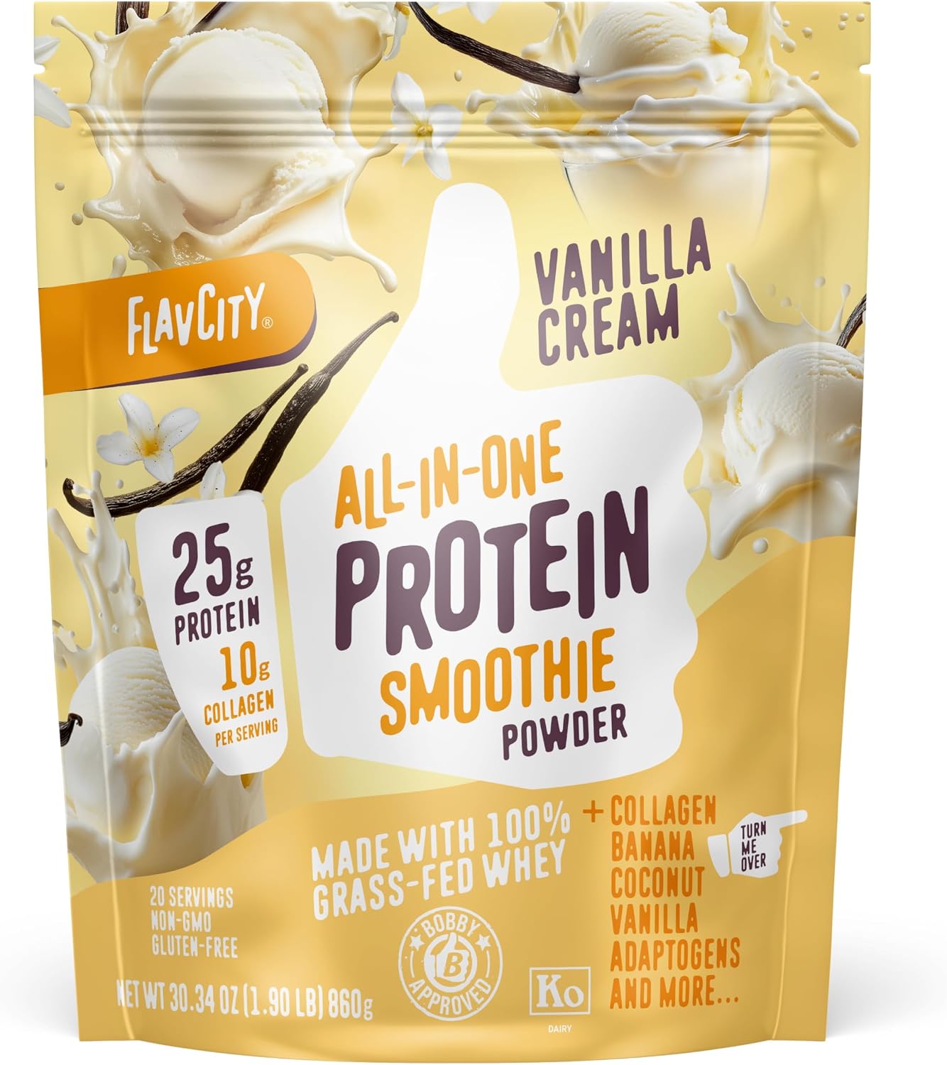 FlavCity Vanilla All in One Protein Shake Powder - On the Go Meal Alternative + Collagen Peptides, Reishi & Cordyceps - Focus, Skin, Hair & Joint Support - 100% Grass Fed Whey, 20 Servings