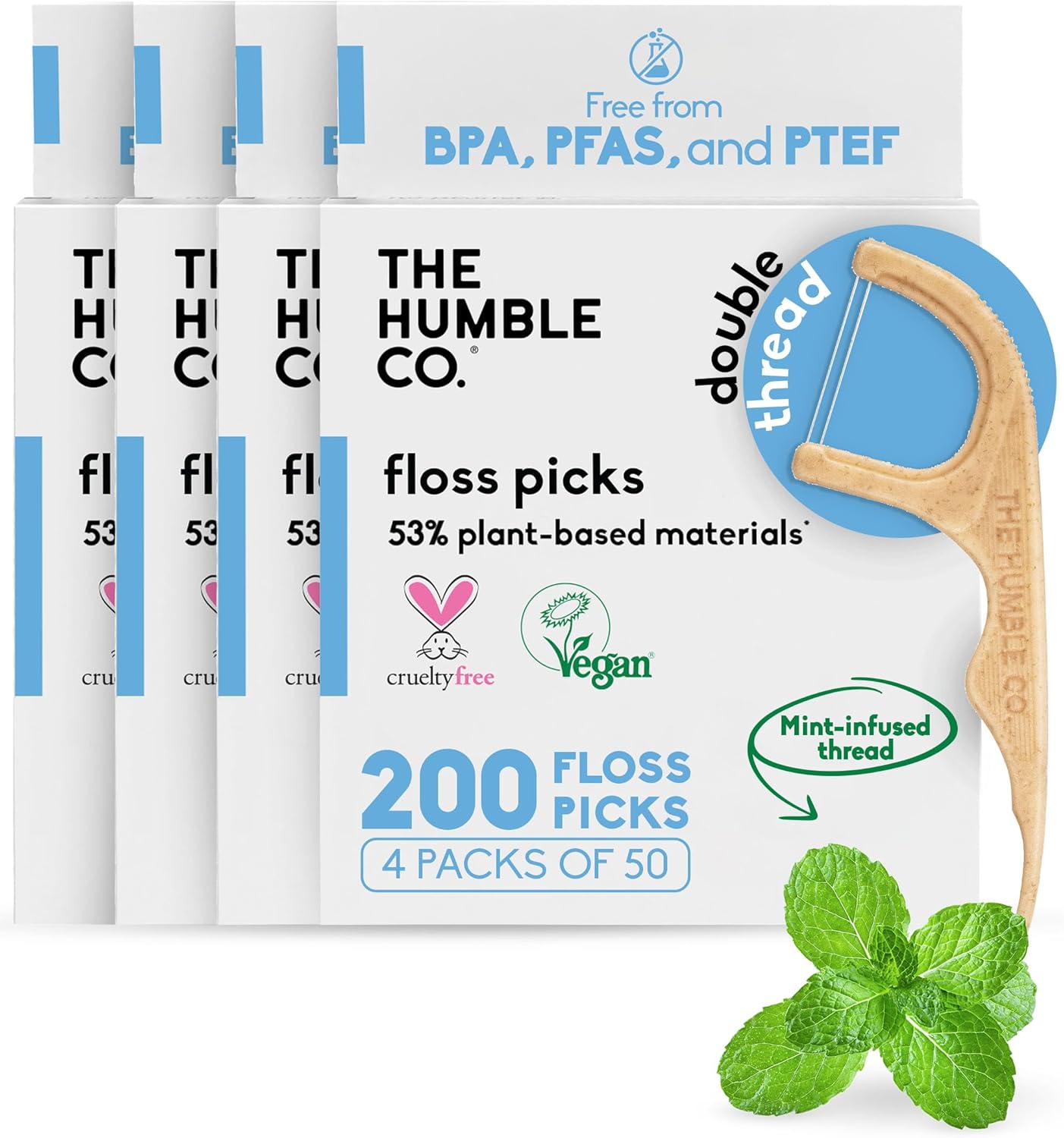The Humble Co Dental Floss Picks for Teeth 200 Count (Mint) - Double Thread Tooth Picks Flossers for Adults Gum Health - Toothpick Floss for Interdental Oral Care & Hygiene