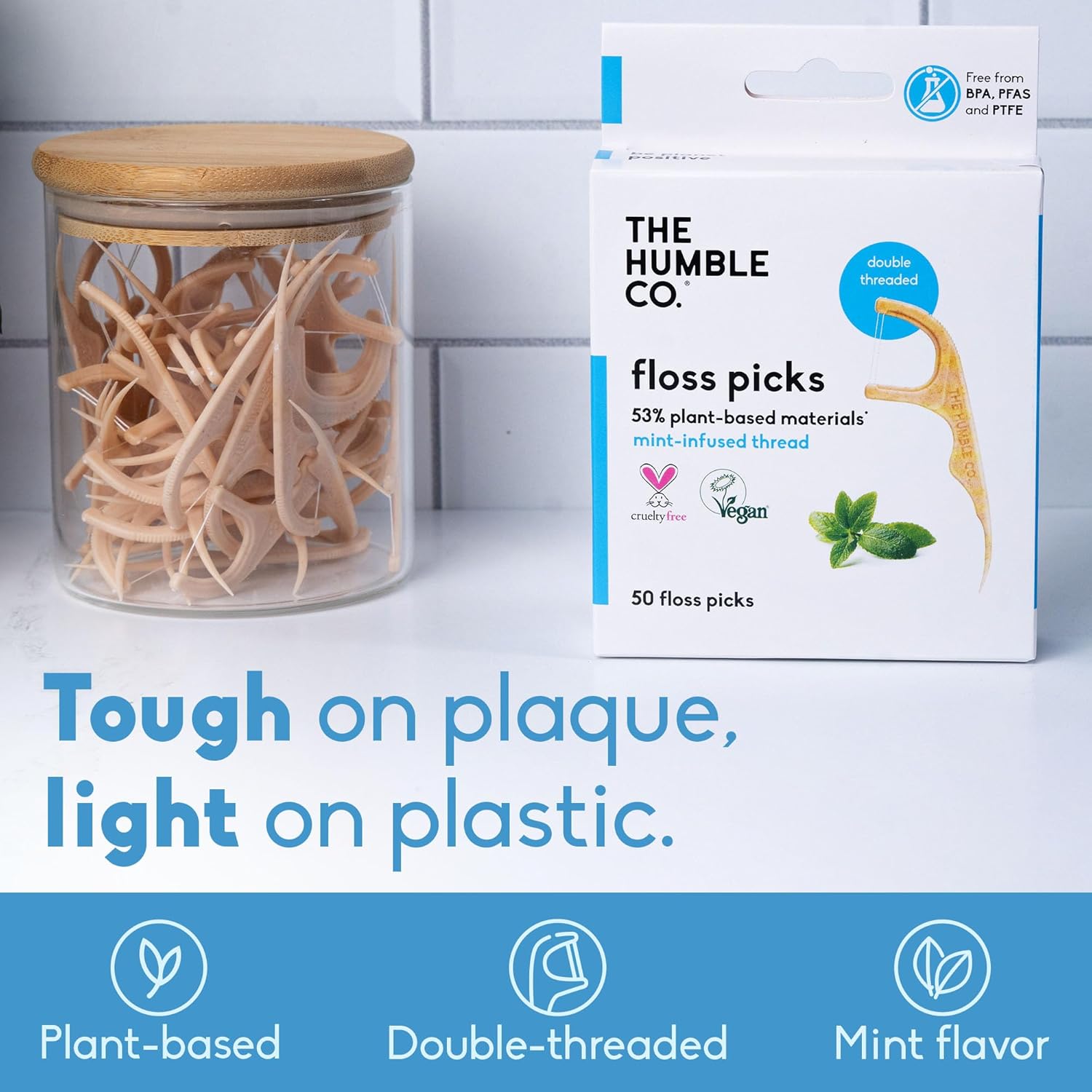 The Humble Co Dental Floss Picks for Teeth 200 Count (Mint) - Double Thread Tooth Picks Flossers for Adults Gum Health - Toothpick Floss for Interdental Oral Care & Hygiene