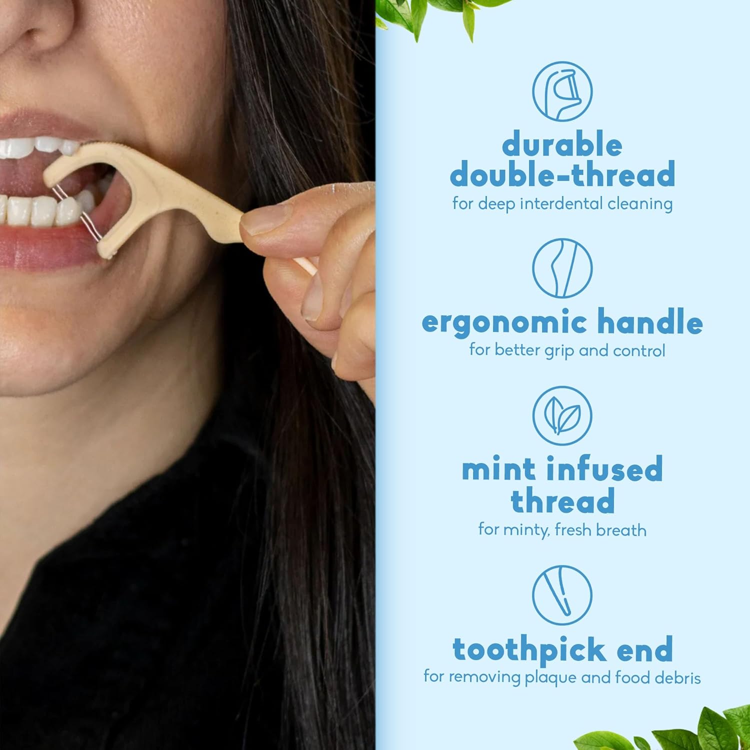 The Humble Co Dental Floss Picks for Teeth 200 Count (Mint) - Double Thread Tooth Picks Flossers for Adults Gum Health - Toothpick Floss for Interdental Oral Care & Hygiene