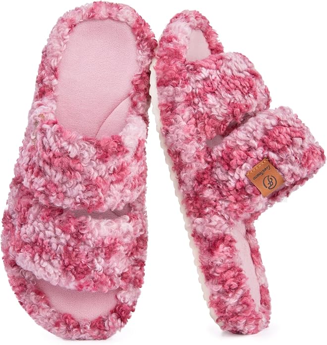 EverFoams Women‚Äòs Fuzzy Open Toe Slippers with Soft Comfy Memory Foam Thick Sole Diva Wild Pink 9-10 US