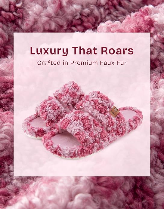 EverFoams Women‚Äòs Fuzzy Open Toe Slippers with Soft Comfy Memory Foam Thick Sole Diva Wild Pink 9-10 US