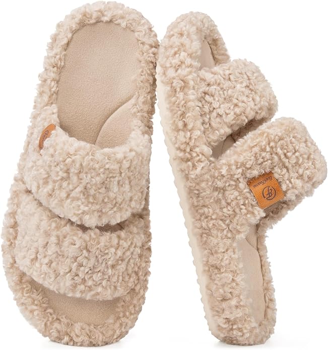 EverFoams Womens Fuzzy Open-toe Slippers Soft Comfy Memory Foam Indoor House Shoes Vintage Khaki 7-8 US