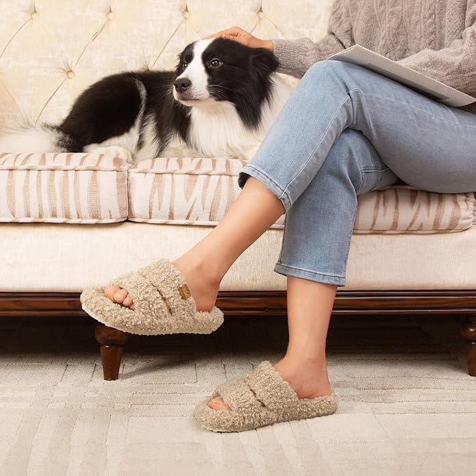 EverFoams Womens Fuzzy Open-toe Slippers Soft Comfy Memory Foam Indoor House Shoes Vintage Khaki 7-8 US
