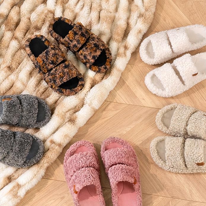 EverFoams Womens Fuzzy Open-toe Slippers Soft Comfy Memory Foam Indoor House Shoes Vintage Khaki 7-8 US