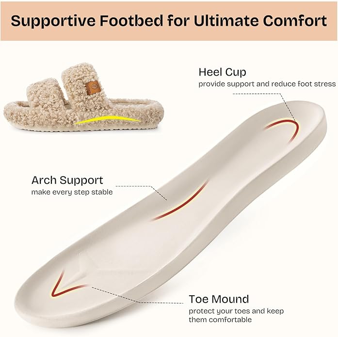 EverFoams Womens Fuzzy Open-toe Slippers Soft Comfy Memory Foam Indoor House Shoes Vintage Khaki 7-8 US