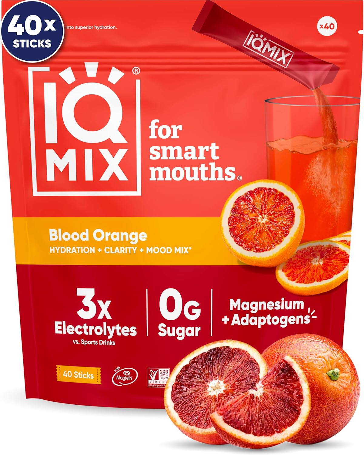 IQMIX Hydration Electrolyte Powder ‚Äì 4-in-1 Formula for Hydration Mental Clarity Mood and Recovery ‚Äì Sugar-Free Drink Mix Keto Magnesium L-Threonate Lion‚Äôs Mane ‚Äì 40 Count Blood Orange