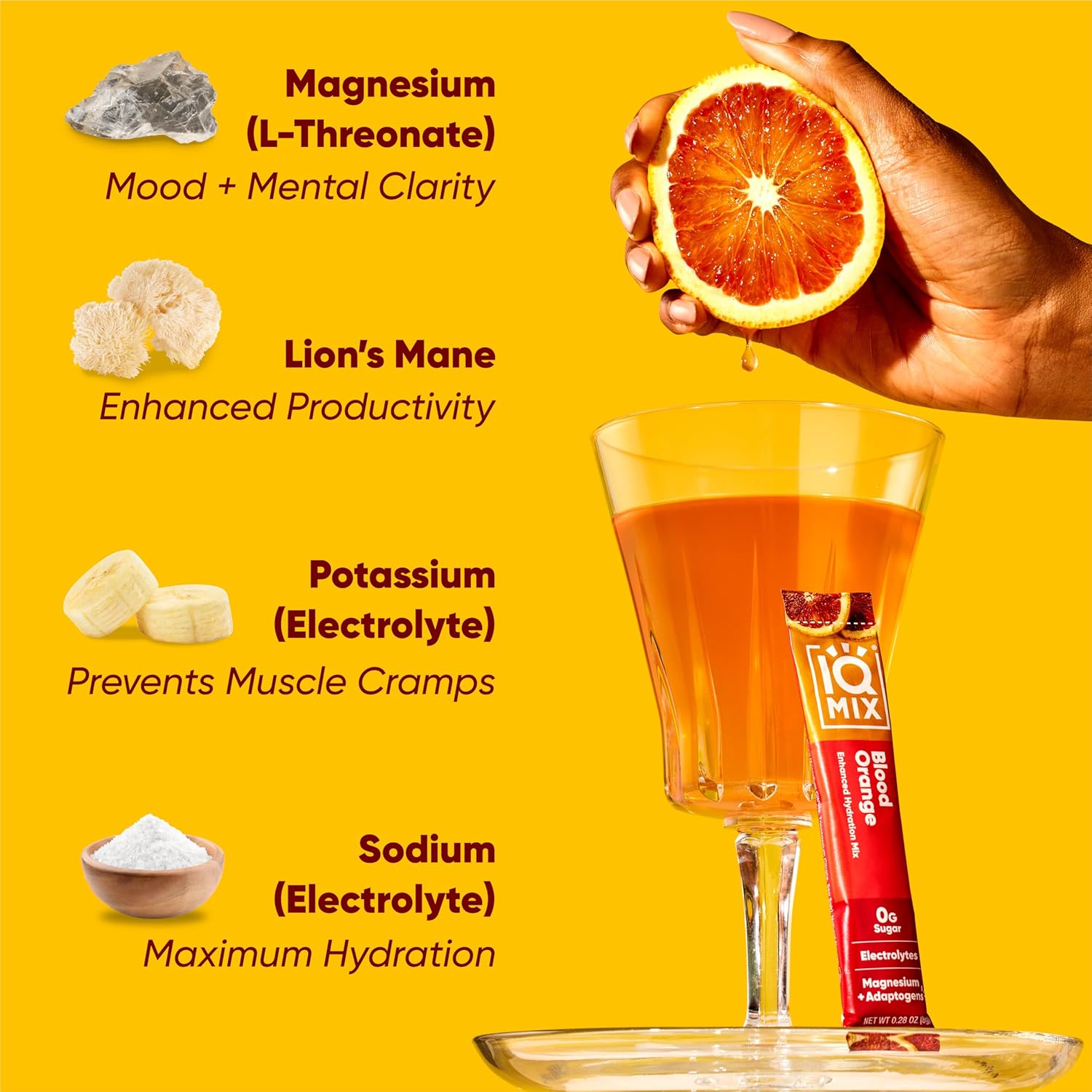 IQMIX Hydration Electrolyte Powder ‚Äì 4-in-1 Formula for Hydration Mental Clarity Mood and Recovery ‚Äì Sugar-Free Drink Mix Keto Magnesium L-Threonate Lion‚Äôs Mane ‚Äì 40 Count Blood Orange