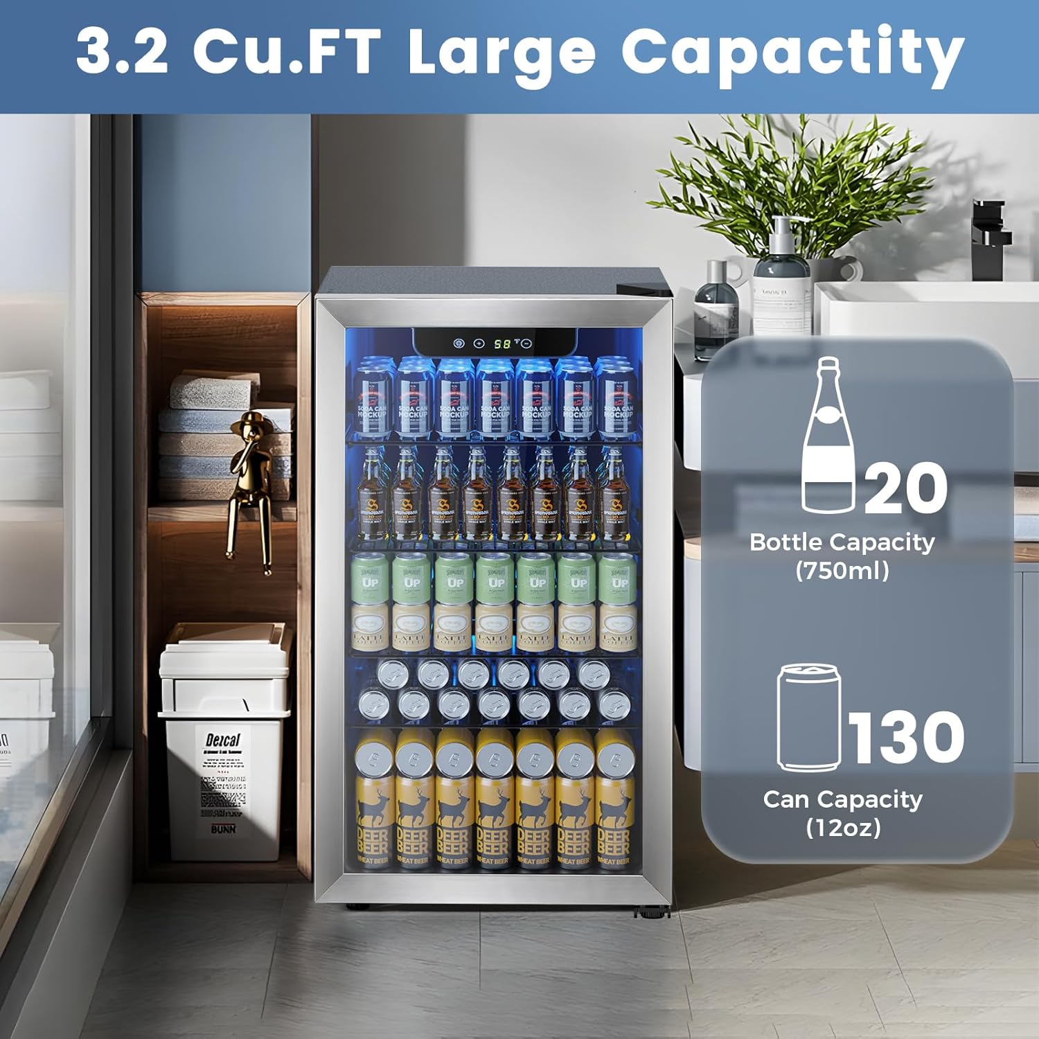 Electactic Mini Fridge 130 Can Beverage Refrigerator Cooler 3.2 Cu.Ft Drink Fridge forSoda Wine Beer Digital Temperature Control Cooler for Home Dorm Bar