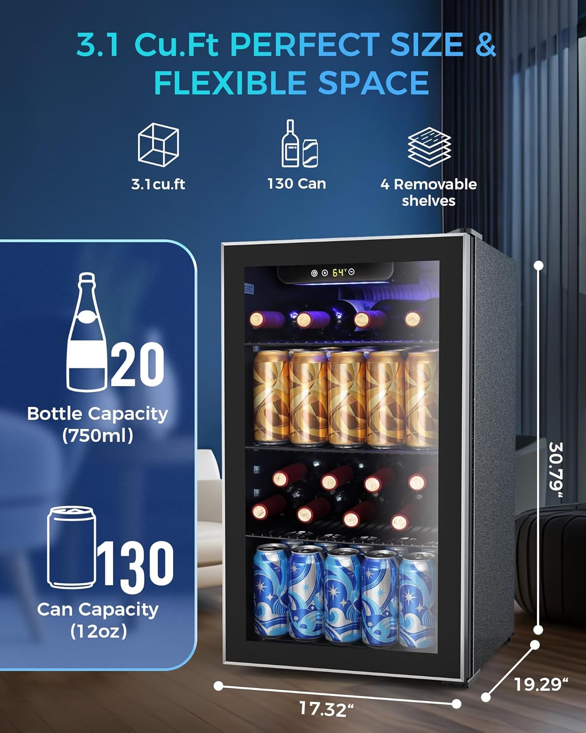 Electactic Mini Fridge 130 Can Beverage Refrigerator Cooler 3.1 Cu.Ft Drink Fridge for Soda Wine Beer Adjustable Temperature Control for Home Office Black