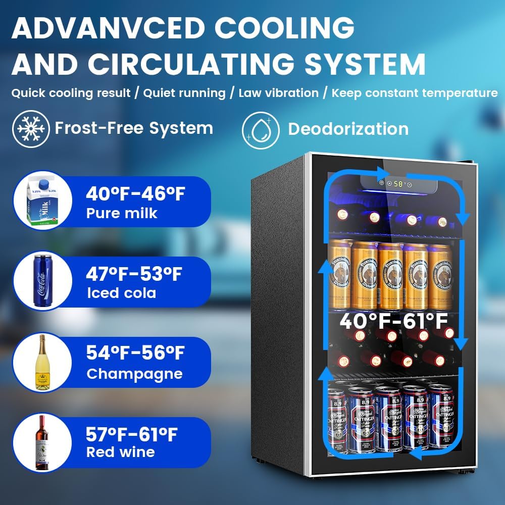 Electactic Mini Fridge 130 Can Beverage Refrigerator Cooler 3.1 Cu.Ft Drink Fridge for Soda Wine Beer Adjustable Temperature Control for Home Office Black