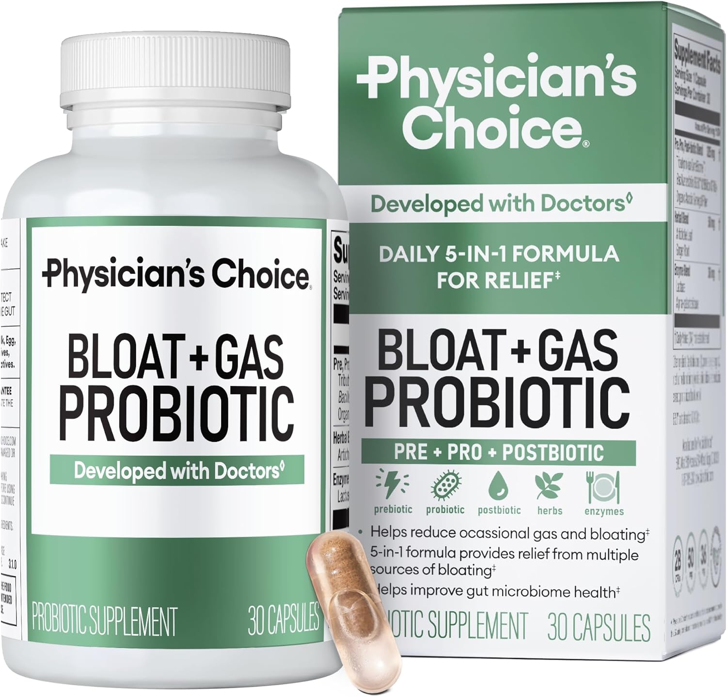 Physician's CHOICE Bloat & Gas Probiotic 5-in-1 Proactive Support + Daily Relief - Digestion & Gut Health- Herbals Digestive Enzymes Post & Prebiotics - Gas Relief for Adults - Women & Men - 30ct