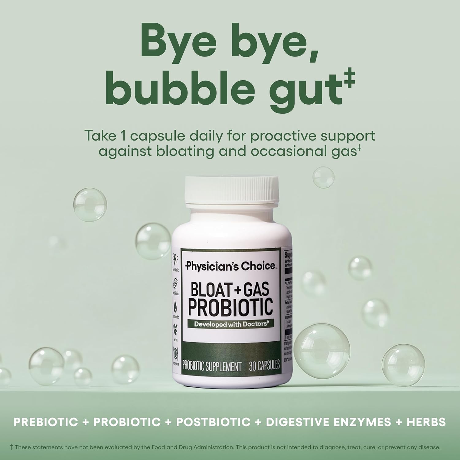 Physician's CHOICE Bloat & Gas Probiotic 5-in-1 Proactive Support + Daily Relief - Digestion & Gut Health- Herbals Digestive Enzymes Post & Prebiotics - Gas Relief for Adults - Women & Men - 30ct